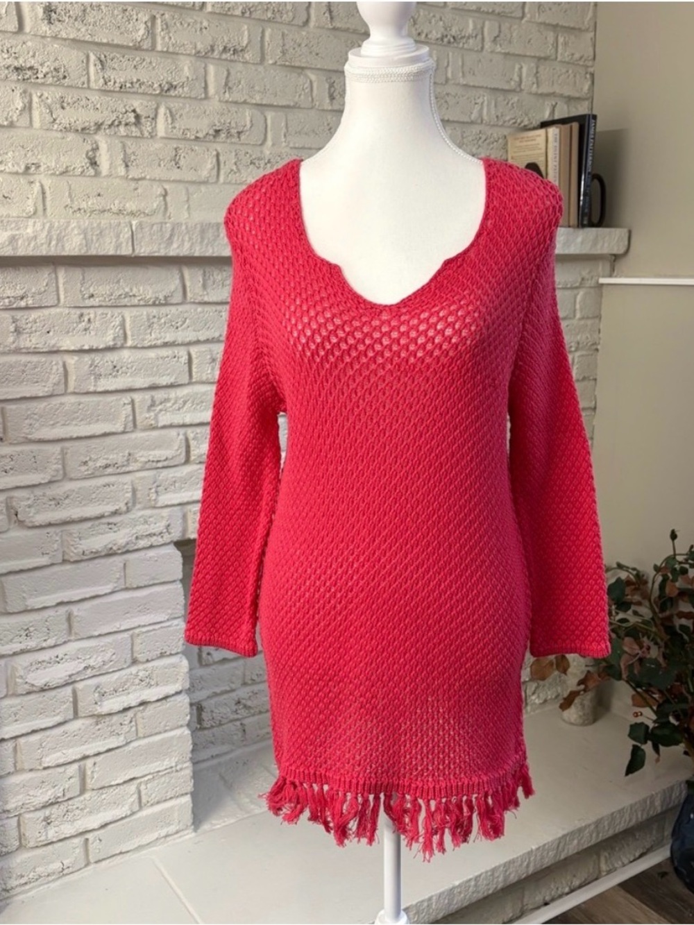 Tribal Beautiful Escape Melon Cotton Fringe Knit Sweater L